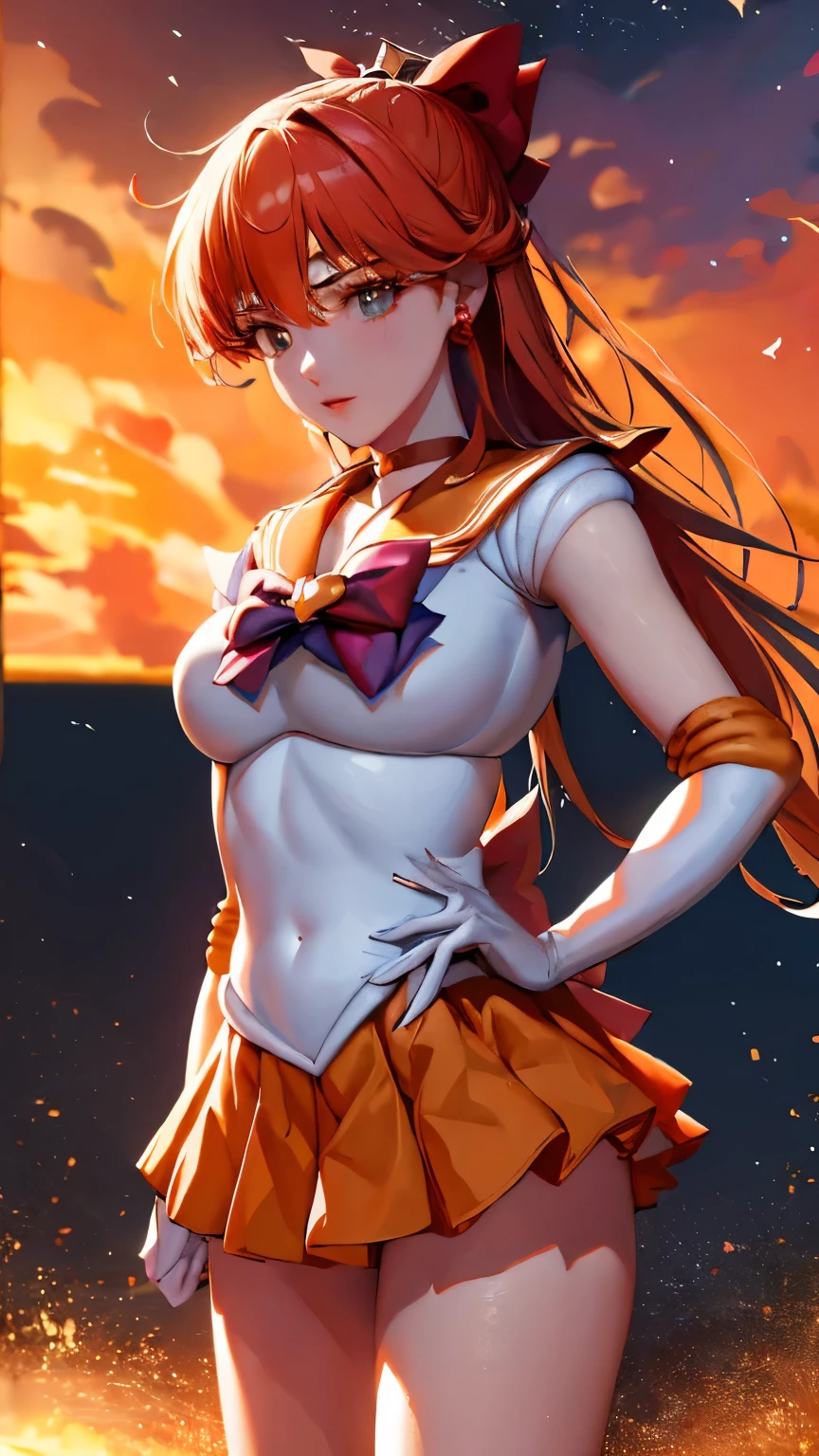 masterpiece, Top Quality, high definition, , Sailor Warrior Uniform, orange skirt, Elbow Gloves , tiara , pleated skirt , miniskirt, red ribbon, Orange Choker, White gloves, gem, guru, night, moon, is standing,rape