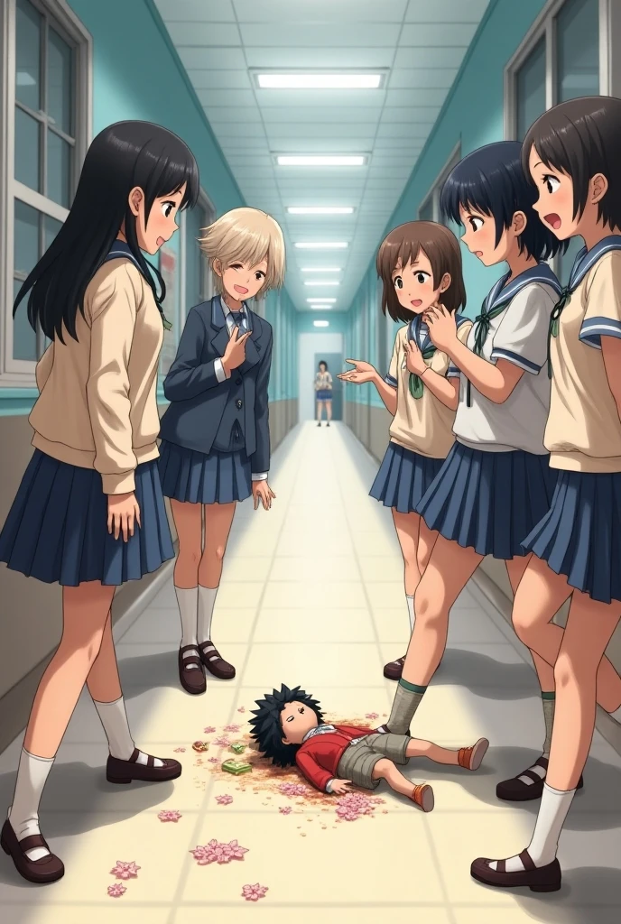 Group of school girls in skirts. Long black women strangling boy with a rope on the ground in anime