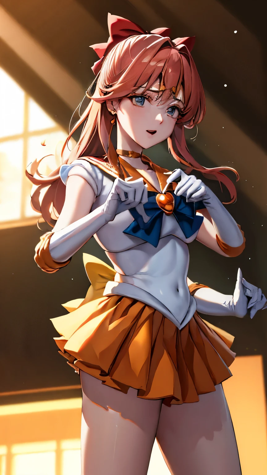 masterpiece, Top Quality, high definition, , Sailor Warrior Uniform, orange skirt, Elbow Gloves , tiara , pleated skirt , miniskirt, red ribbon, Orange Choker, White gloves, gem, guru, night, moon, is standing,rape