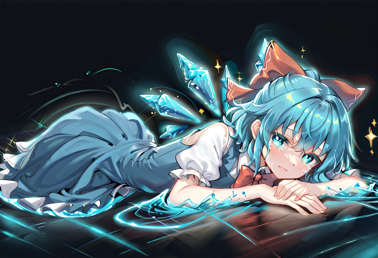 sparkle, star \(symbol\), bioluminescence, blue glow, cyan glow, green glow, red glow, monster girl, monster girl encyclopedia, ,glowneon, glowing, cirno, blue hair, blue eyes, glowing eyes:1, cry, tears, eyes widen, looking at viewer, hair bow, blue dress, short sleeves, ice wings, red bowtie, glowify, lying back, black background, darkness, drop down, forward hands, from side, full body