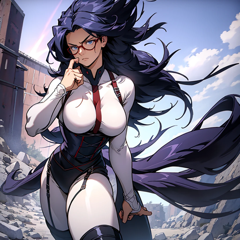 [nemuri kayama, female, tone, large breast] [dark purple long hair, sky blue eyes] [red framed glasses, white bodysuite, black corset, black thigh boots] [day time] [detail eyes, detail face, detail hand] [alone, battle stance, outside setting]