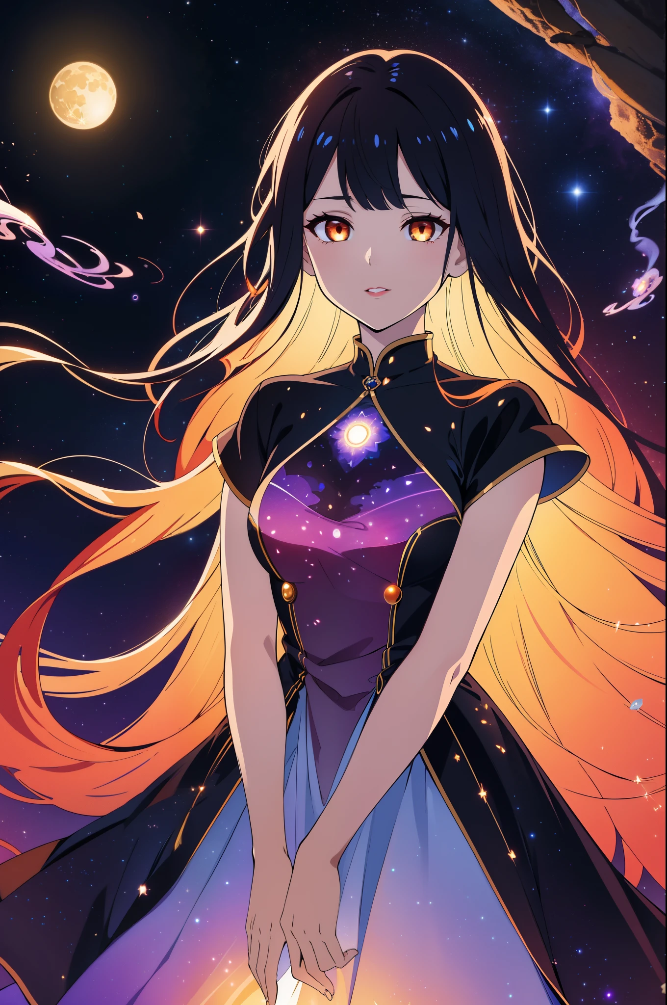 (high-quality, breathtaking),(expressive eyes, perfect face) portrait, 1girl, female, solo, adult woman, Symmetrical Eyes, mum, age late 30's, black abyssal celestial hair, space in hair, light orange eyes, long hair length, soft wavy flowy hair, gentle smile, loose hair, side bangs, looking at viewer, portrait, happy expression, hair like smoke, starry night in hair, white skin, soft red lips, elegant, regal, hair with scenary, half closed eyes, floating in the air, luminous hair, Bioluminescence clothing, gradient hair, cowboy shot, medium full shot, tunic, flowly dress, black hole vibe, eclipsed moon