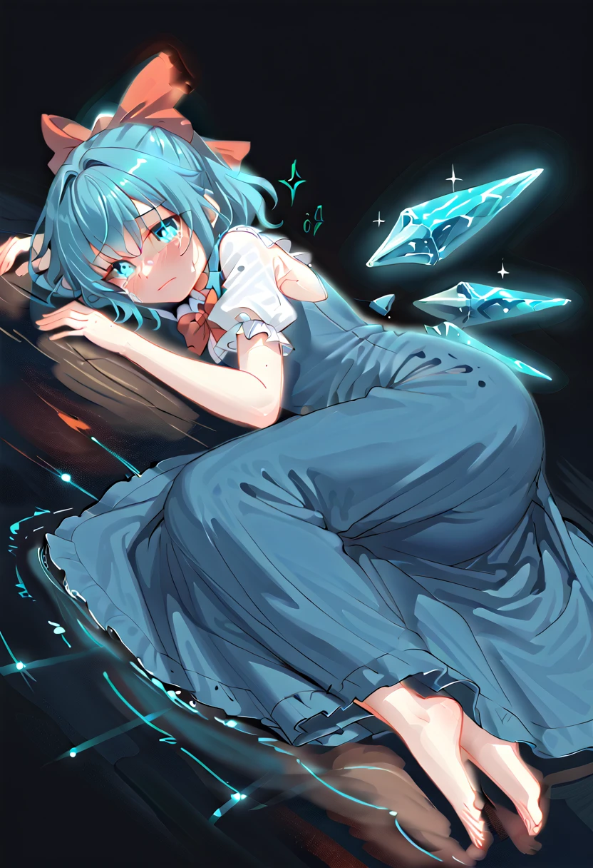 sparkle, star \(symbol\), bioluminescence, blue glow, cyan glow, green glow, red glow, monster girl, monster girl encyclopedia, ,glowneon, glowing, cirno, blue hair, blue eyes, glowing eyes:1, cry, tears, eyes widen, looking at viewer, hair bow, blue dress, short sleeves, ice wings, red bowtie, glowify, lying back, black background, darkness, drop down, forward hands, from side, full body