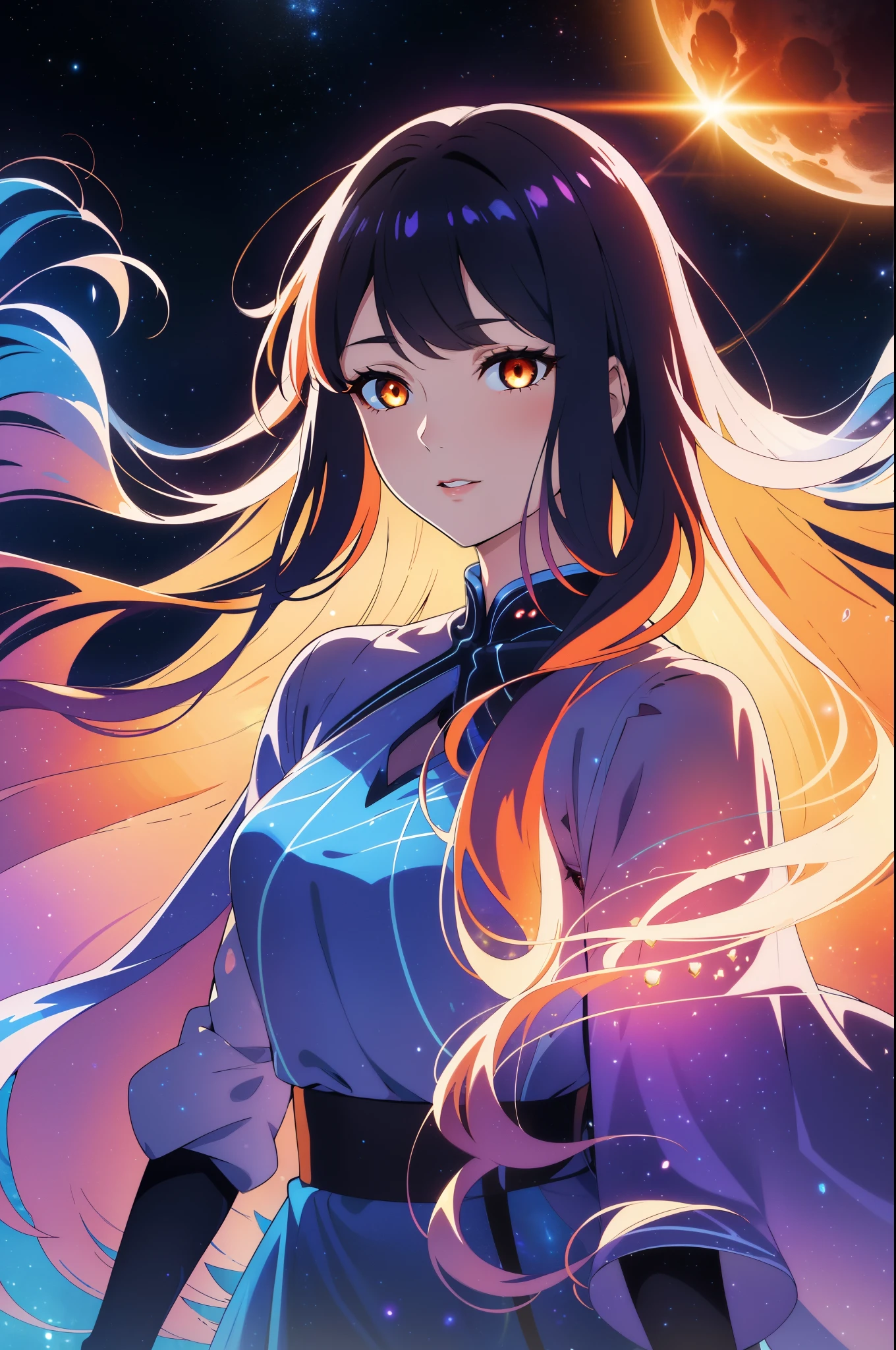 (high-quality, breathtaking),(expressive eyes, perfect face) portrait, 1girl, female, solo, adult woman, Symmetrical Eyes, mum, age late 30's, black abyssal celestial hair, space in hair, light orange eyes, long hair length, soft wavy flowy hair, gentle smile, loose hair, side bangs, looking at viewer, portrait, happy expression, hair like smoke, starry night in hair, white skin, soft red lips, elegant, regal, hair with scenary, half closed eyes, floating in the air, luminous hair, Bioluminescence clothing, gradient hair, cowboy shot, medium full shot, tunic, flowly dress, black hole vibe, eclipsed moon