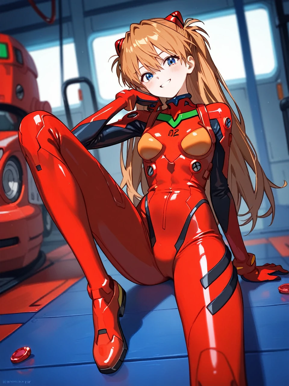 Asuka Langley from Evangelion wearing a tight school swimsuit。Plump and、She spreads her legs with her own hands。Embarrassed。She is doing the M-shaped leg spread on the control panel.。