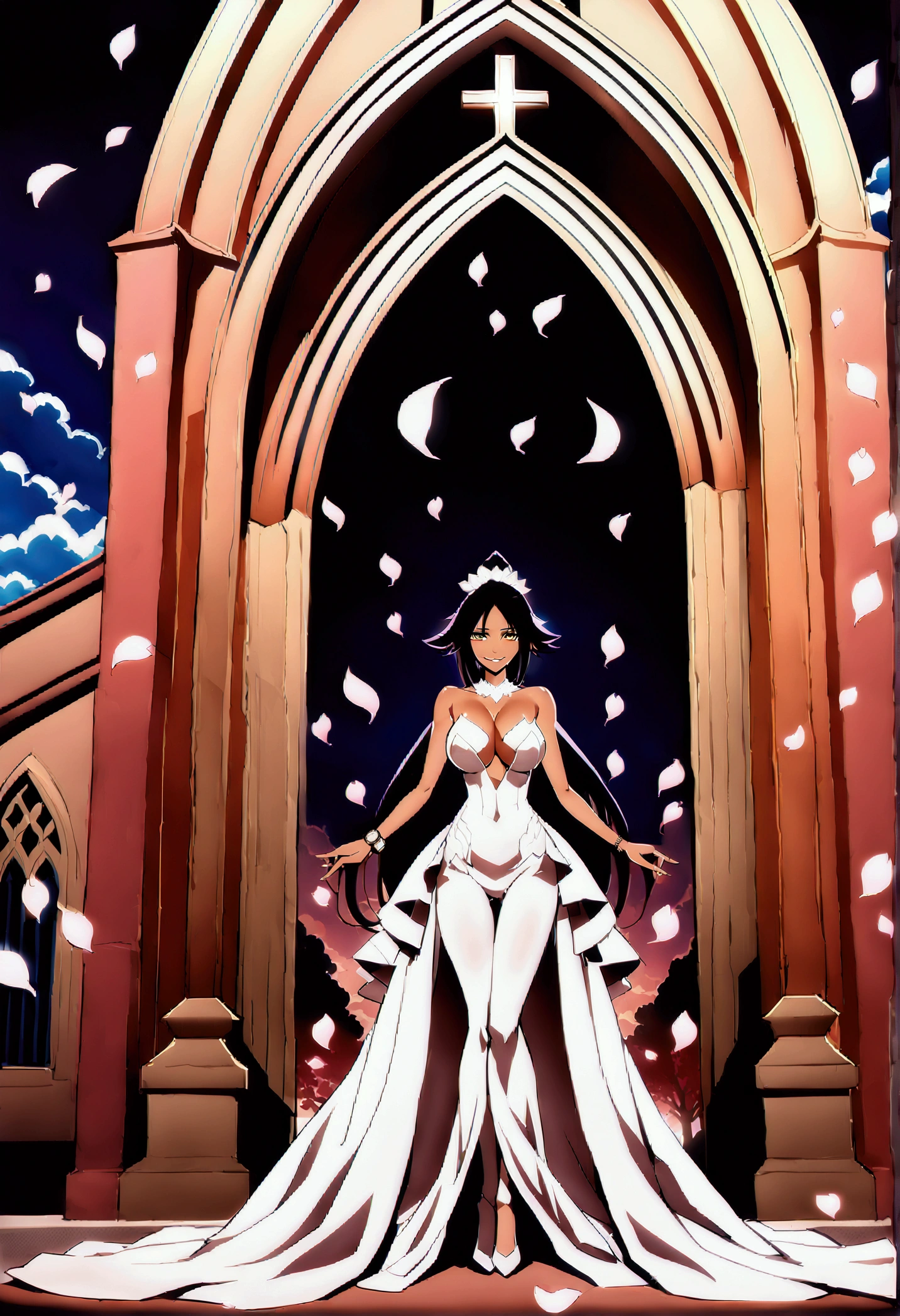 (8k, Best Quality,  anime style,  Watch Viewers , Bright atmosphere, smile, Teenage Girls, One person,  intricate details :1.3),( 1 girl, Yoruichi from BLEACH, Big Breasts, I can see the valley, Nice body), ( wedding dress, Petals fluttering,  standing position where you can see your whole body, In front of the church)