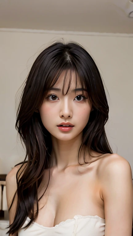 incredibly absurd, beautiful and cute 20-year-old Korean girl with a photorealistic face, showcasing top-quality craftsmanship. Her slender frame adorned with short, messy hair. The artwork high-resolution, allowing for ultra-detailed features to be captured flawlessly. The girl depicted naked. The focus lies on the realistic pupils, showcasing depth and emotion. ((breasts out))