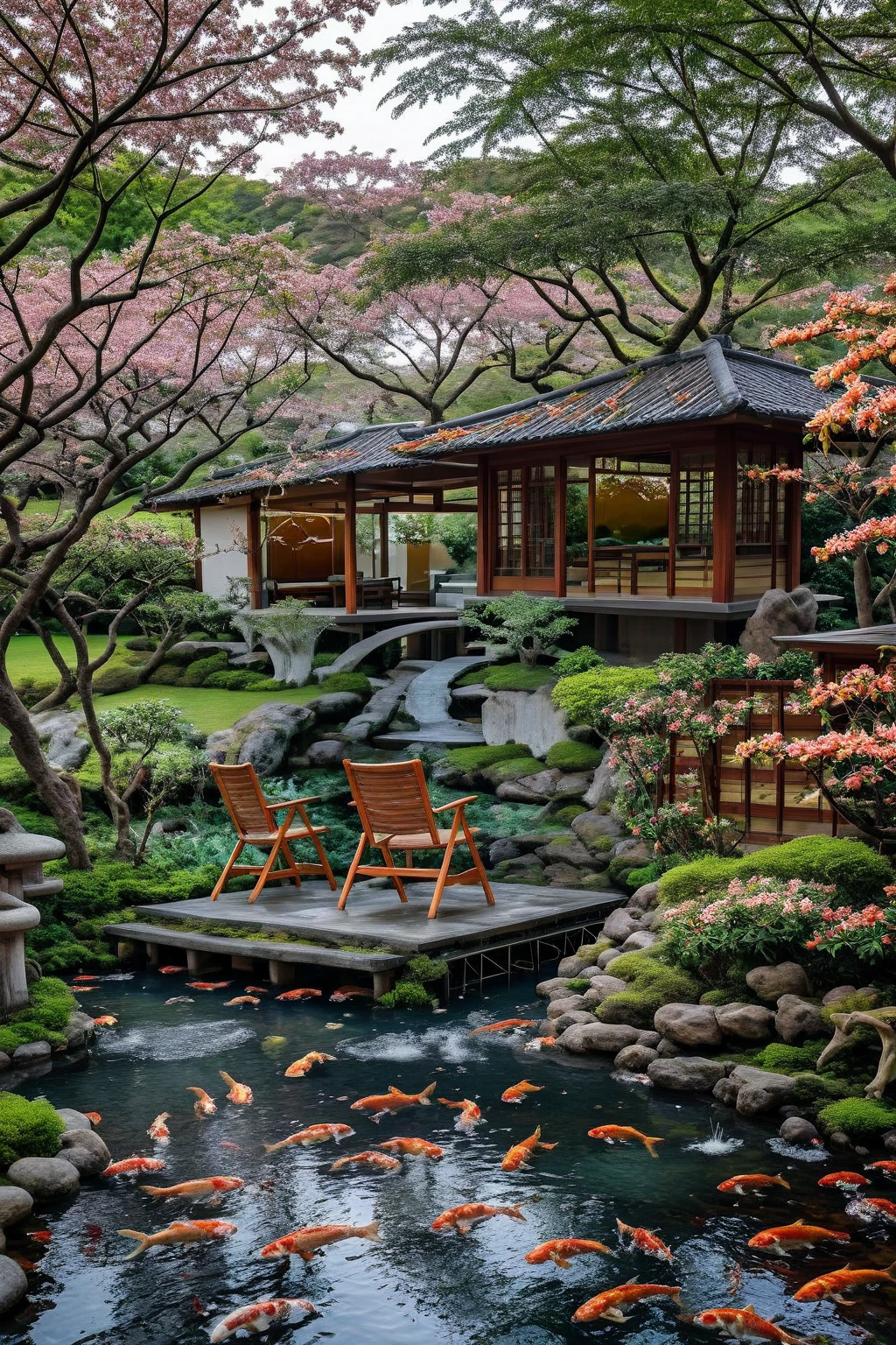 This image depicts a tranquil Japanese garden scene in spring. The garden features a traditional wooden building with sliding doors, partially shaded by cherry blossom trees in full bloom. Pink cherry blossoms and petals are scattered across the ground and floating on the water of a clear koi pond. Vibrant orange and white koi fish swim gracefully in the pond, surrounded by moss-covered stones, lush greenery, and a traditional stone lantern. The scene exudes a serene and peaceful atmosphere, combining nature with traditional Japanese architecture and landscaping.