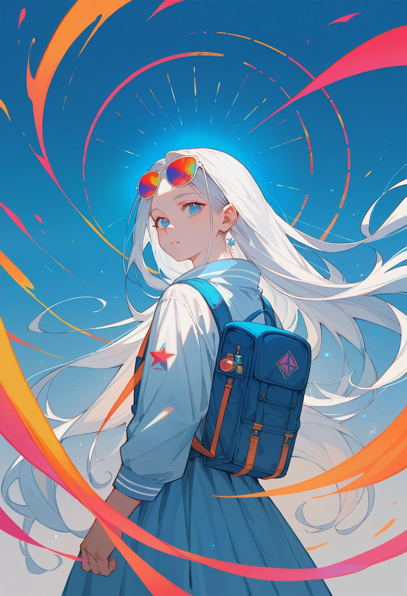 score_9, score_8_up, score_7_up, (masterpiece, UHD, 8K, 16K, ultra detailed), from behind, 1girl, long hair, silver hair, wearing a colorful sunglasses, blue eyes, beautiful eyes, wearing a backpack, looking at the viewer, bedroom background, a magic portals on the wall