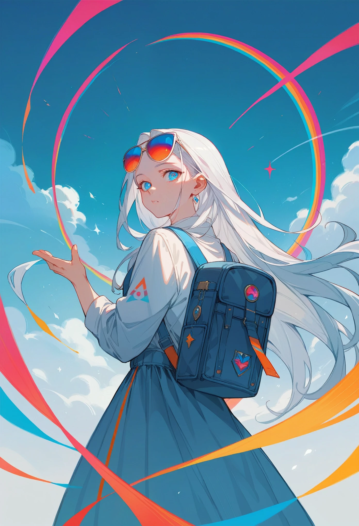 score_9, score_8_up, score_7_up, (masterpiece, UHD, 8K, 16K, ultra detailed), from behind, 1girl, long hair, silver hair, wearing a colorful sunglasses, blue eyes, beautiful eyes, wearing a backpack, looking at the viewer, bedroom background, a magic portals on the wall