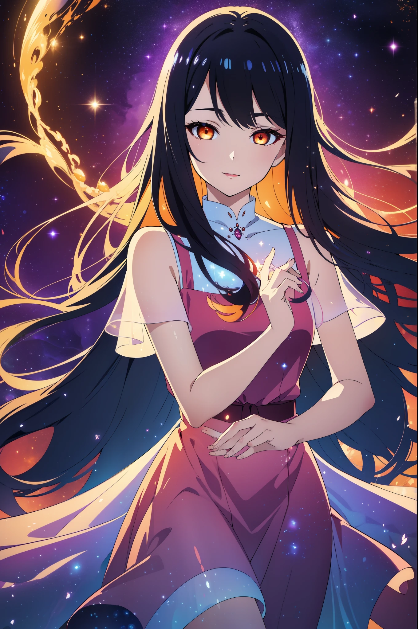 (high-quality, breathtaking),(expressive eyes, perfect face) portrait, 1girl, female, solo, adult woman, Symmetrical Eyes, mum, age late 30's, black abyssal celestial hair, space in hair, light orange eyes, long hair length, soft wavy flowy hair, gentle smile, loose hair, side bangs, looking at viewer, portrait, happy expression, hair like smoke, starry night in hair, white skin, soft red lips, elegant, regal, hair with scenary, half closed eyes, floating in the air, luminous hair, Bioluminescence clothing, gradient hair, cowboy shot, medium full shot, tunic, flowly dress, black hole vibe, eclipse