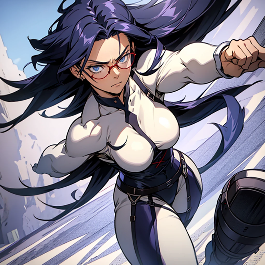 [nemuri kayama, female, tone, large breast] [dark purple long hair, sky blue eyes] [red framed glasses, white bodysuite, black corset, black thigh boots] [day time] [detail eyes, detail face, detail hand] [alone, battle stance, outside setting]