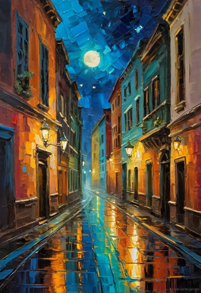 Beautiful night city,  oil on canvas , very marked brushstrokes  , digital painting,  relief in the brushstrokes , no details, all with reliefs  