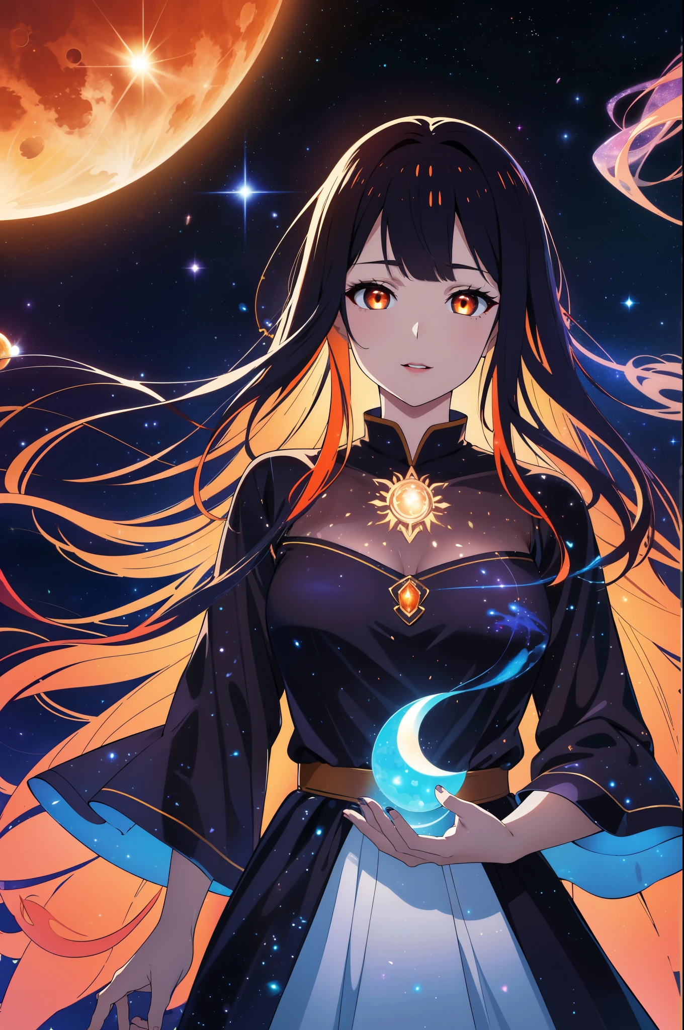 (high-quality, breathtaking),(expressive eyes, perfect face) portrait, 1girl, female, solo, adult woman, Symmetrical Eyes, mum, age late 30's, black abyssal celestial hair, space in hair, light orange eyes, long hair length, soft wavy flowy hair, gentle smile, loose hair, side bangs, looking at viewer, portrait, happy expression, hair like smoke, starry night in hair, white skin, soft red lips, elegant, regal, hair with scenary, half closed eyes, floating in the air, luminous hair, Bioluminescence clothing, gradient hair, cowboy shot, medium full shot, tunic, flowly dress, black hole vibe, eclipsed moon