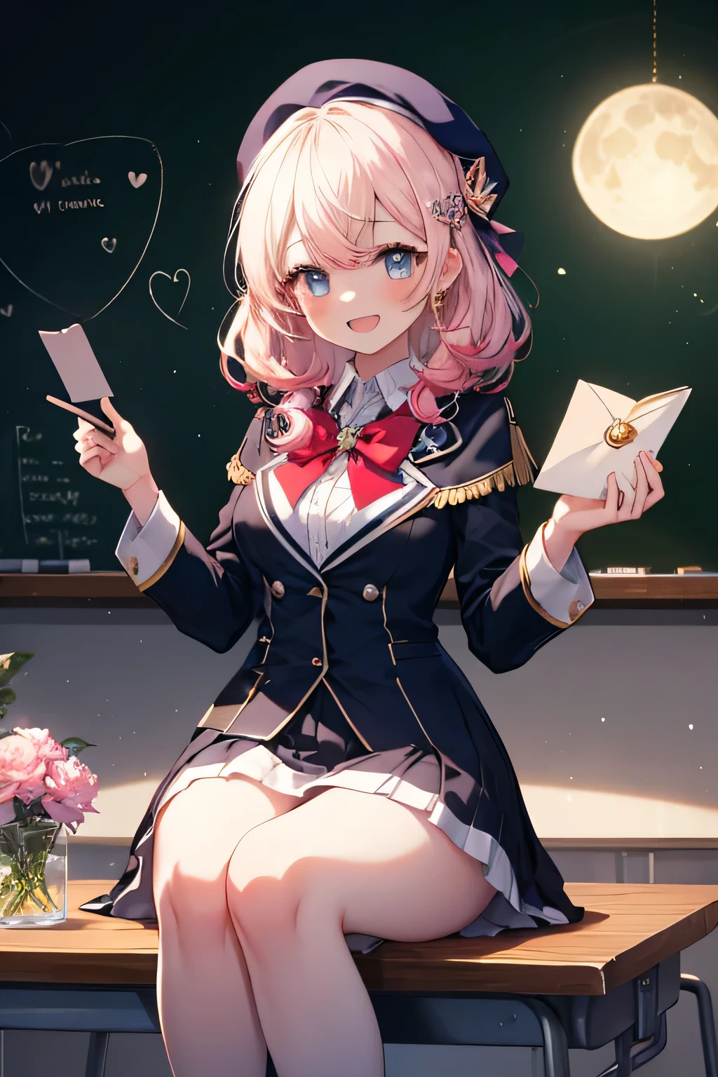 Girl smiling( showing teeth), fondo classroom, school fund(classroom), complete anatomy,  ornament of an accessory shaped like a flower on the head, graphic effects, first person, white beret,  summer school uniform , sitting, Reciting a poem , chalkboard( a beautiful big heart is drawn, rainbow, Candys , Moons and little stars ), letter(sent BY Elandir ),  pink flower