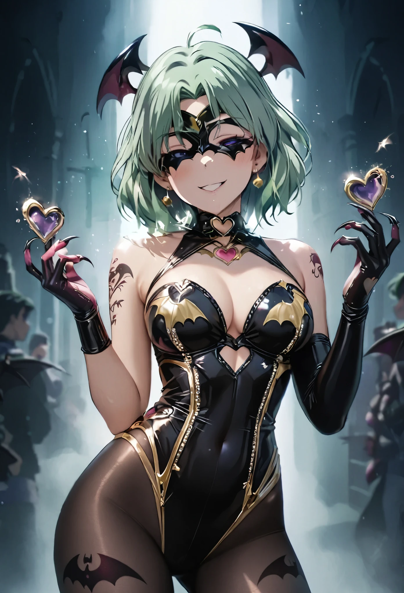 Sailor Neptune. Succubus-style. Sequin costume. green hair. Shoulder. Bat motif brassiere. Bat motif eye mask. Semi-long hair. High legs. Body tights. Tattoo of a heart on the lower abdomen. Sharp claws. Black paint hands. Yandere Smile. Dark mist background.