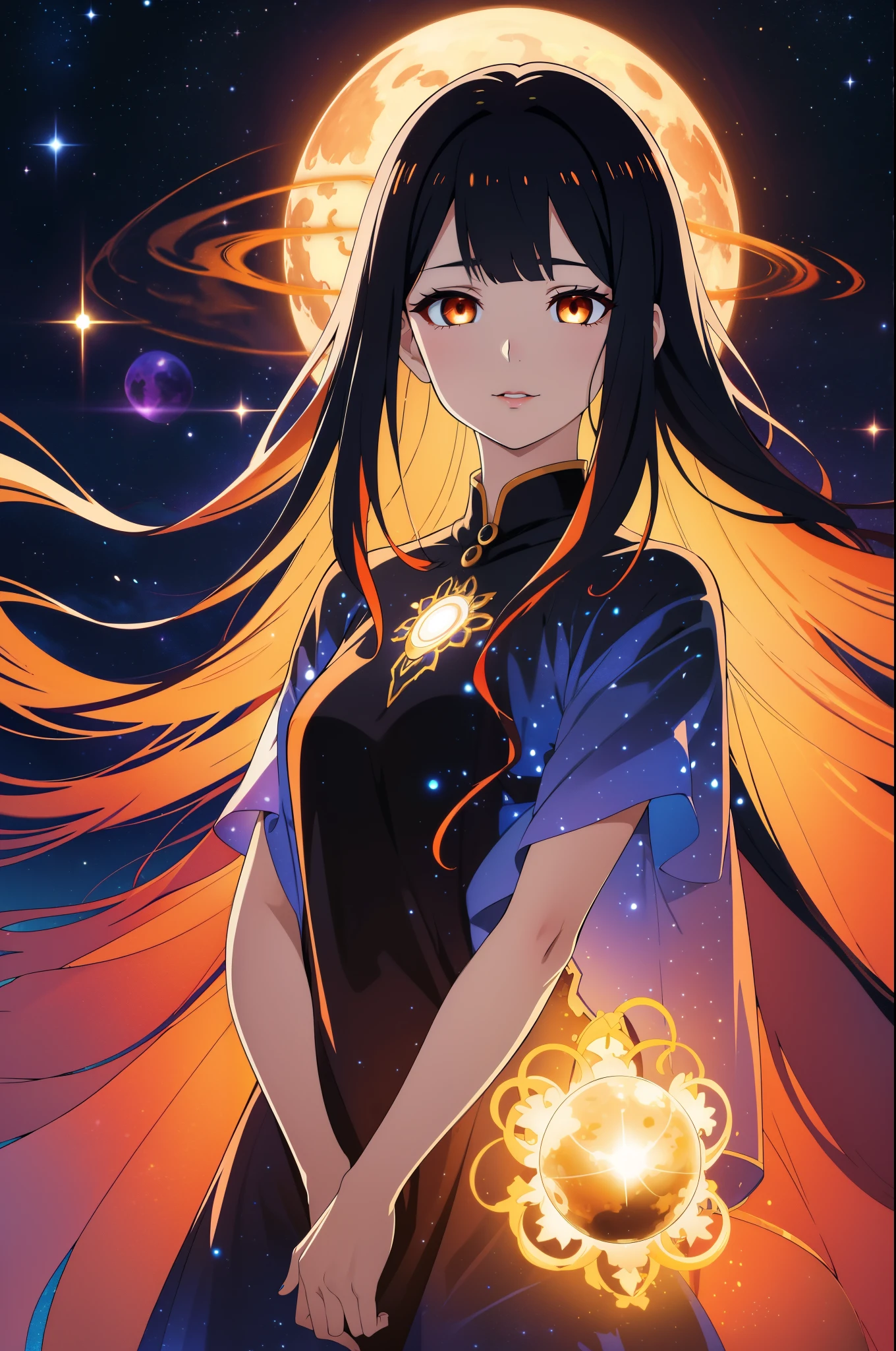 (high-quality, breathtaking),(expressive eyes, perfect face) portrait, 1girl, female, solo, adult woman, Symmetrical Eyes, mum, age late 30's, black abyssal celestial hair, space in hair, light orange eyes, long hair length, soft wavy flowy hair, gentle smile, loose hair, side bangs, looking at viewer, portrait, happy expression, hair like smoke, starry night in hair, white skin, soft red lips, elegant, regal, hair with scenary, half closed eyes, floating in the air, luminous hair, Bioluminescence clothing, gradient hair, cowboy shot, medium full shot, tunic, flowly dress, black hole vibe, eclipsed moon, colored sclera