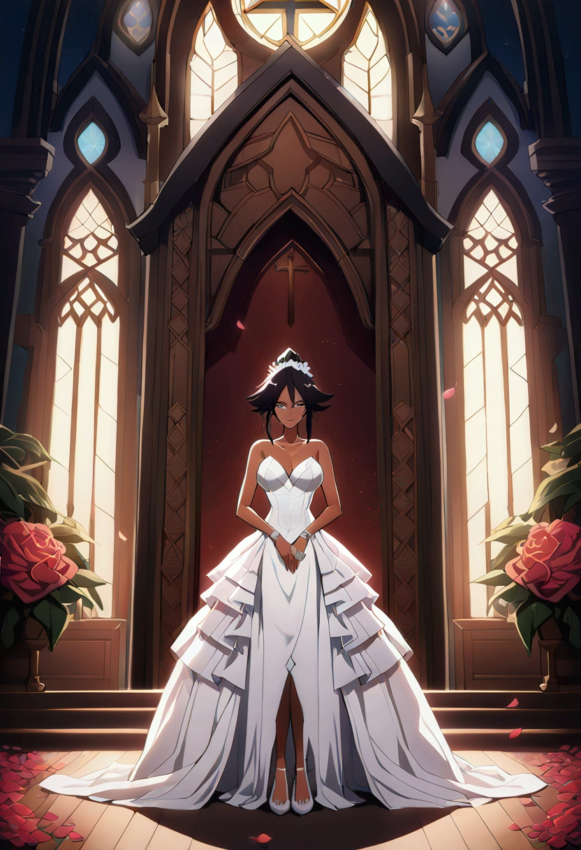 (8k, Best Quality,  anime style,  Watch Viewers , Bright atmosphere, smile, Teenage Girls, One person,  intricate details :1.3),( 1 girl, Yoruichi from BLEACH, Big Breasts, I can see the valley, Nice body), ( wedding dress, Petals fluttering,  standing position where you can see your whole body, In front of the church)