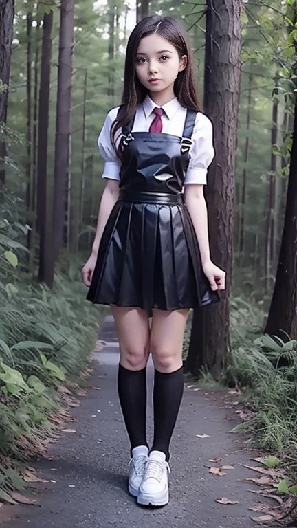 Full body, Mean beautiful young schoolgirl , beautiful teen face, short black leather skater pinafore, a teen girl wearing in a short black silk pleated pinafore, silk pleated skirt, wearing in a white blouse, with short puffy sleeves, puffy sleeves. red silk tie, brunet long straight hair, beautiful eyes, black stockings, sneakers on high platform, Thick Bottom Shoes. girl - standing in the forest, photorealistic , sexy big lips, sad face, perfect long legs, full size body, short black pleated silk pinafore, pleated skater skirt, perfect figure