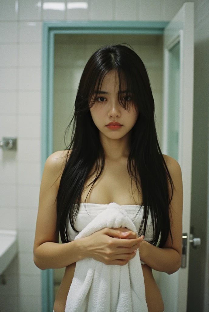 Realistic Photo Indonesia teenage girl From the school bathroom Showering Wear a Bath Towel  is wet from the shower water Closing the door of the School bathroom Ashamed Very embarrassed 