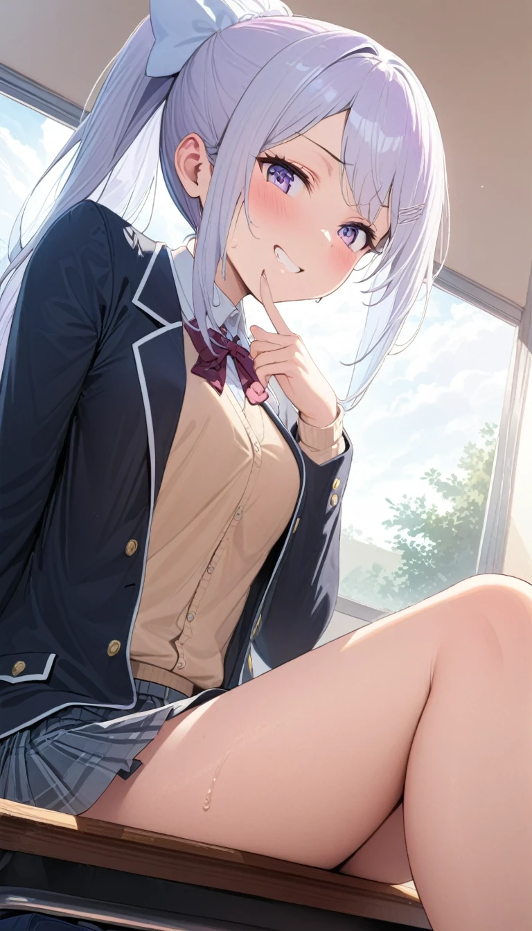 Higuchi Kaede, blazer,  purple eyes,  silver hair,  ponytail,mesugaki,
offcial art,masterpiece,The 8k quality,Super Detail,Fine detail skin,Sweat,Highly detailed beautiful hair,,Highly detailed beautiful face,Beautiful Shadows,sweat,School, classroom,  sitting at a desk ,From below, smirk,