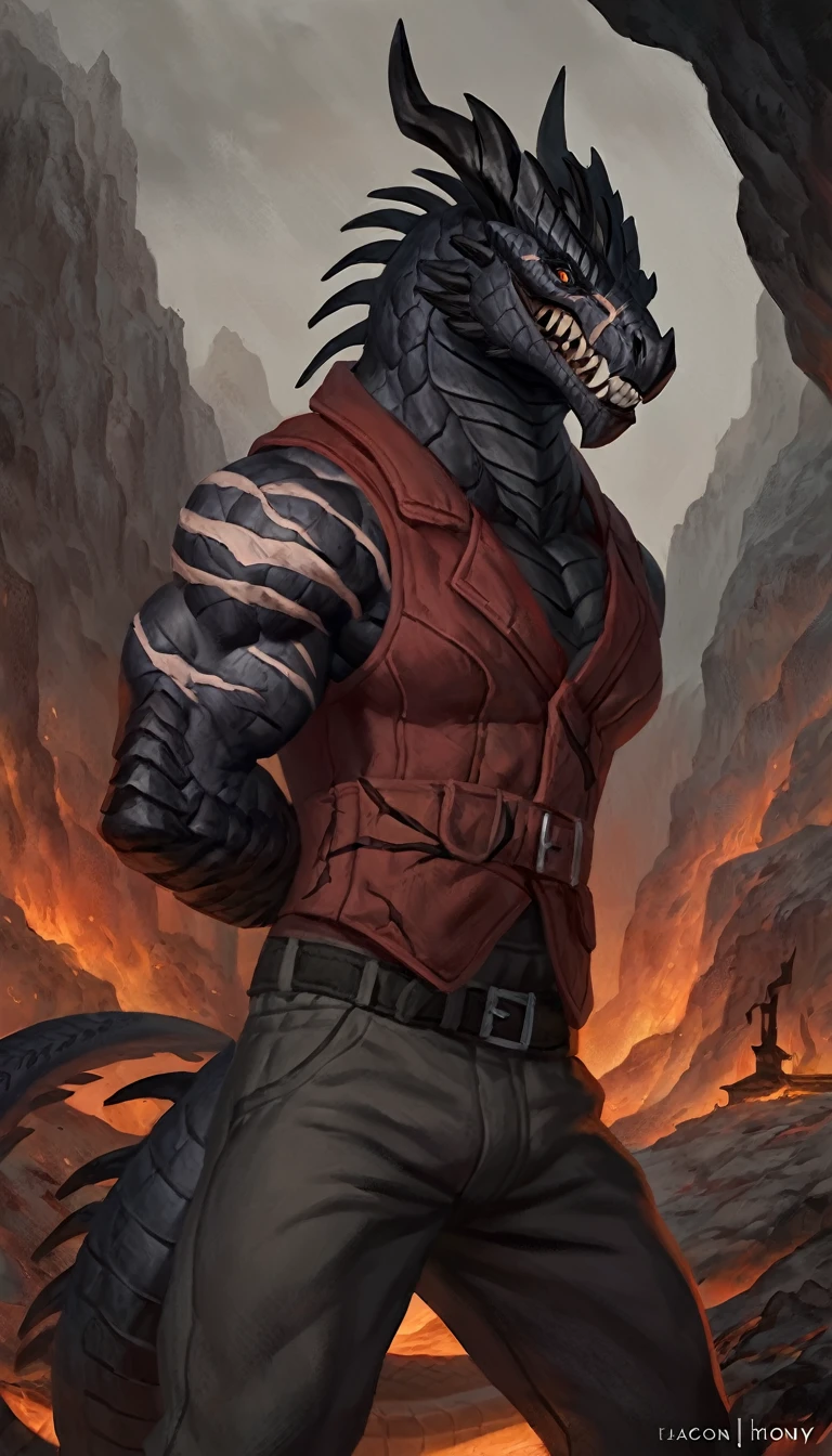 dragon like anthro lizard, hands behind back, anthro dragon, solo, portrait, scaly, detailed scales, experienced predator, dragonic, monster, mercenary, grin, open mouth, black scaly body, matte body, toned, muscular anthro, big muscles, big horns, wearing vest and pants, detailed scales, scars on body, 1male solo, anthro, muscular, thick neck, thick tail, marked jaw, Helltaker style, underground cave city background, darkness, horror, best quality, 4k, ultra-detailed, by laobai, by taran fiddler, by honovy