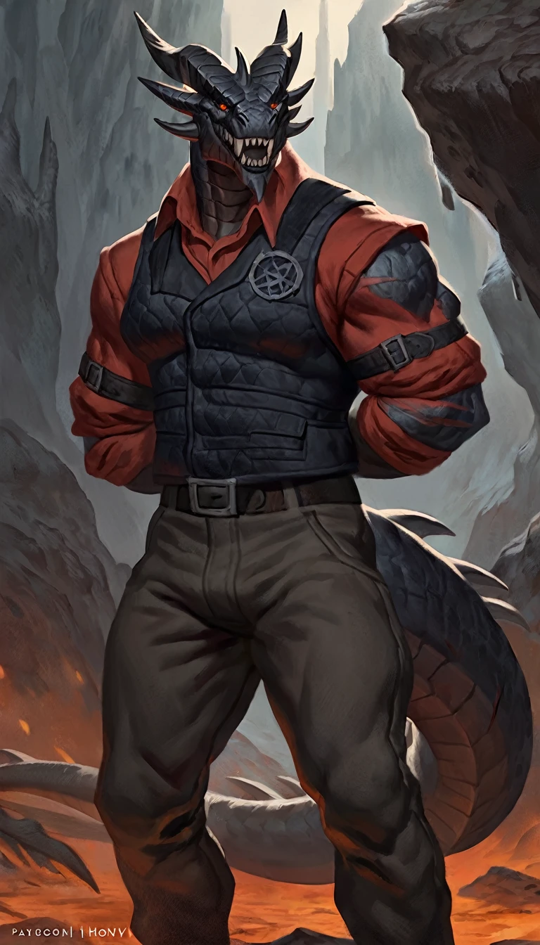 dragon like anthro lizard, hands behind back, anthro dragon, solo, portrait, scaly, detailed scales, experienced predator, dragonic, monster, mercenary, grin, open mouth, black scaly body, matte body, toned, muscular anthro, big muscles, big horns, wearing vest and pants, detailed scales, scars on body, 1male solo, anthro, muscular, thick neck, thick tail, marked jaw, Helltaker style, underground cave city background, darkness, horror, best quality, 4k, ultra-detailed, by laobai, by taran fiddler, by honovy