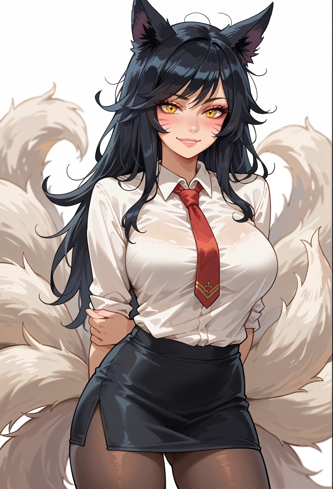 masterpiece, best quality, ultra-detailed, illustration, colorful, flat color, depth of field, 1girl, ahri, anime, standing, black hair, messy hair, yellow eyes, fox ears, looking at viewer, simple background, facial mark, hands behind back, white shirt, red necktie, black pencil skirt, black pantyhose, teacher, detailed skin texture, detailed cloth texture, beautiful detailed face, large breasts, blush, seductive smile, makeup