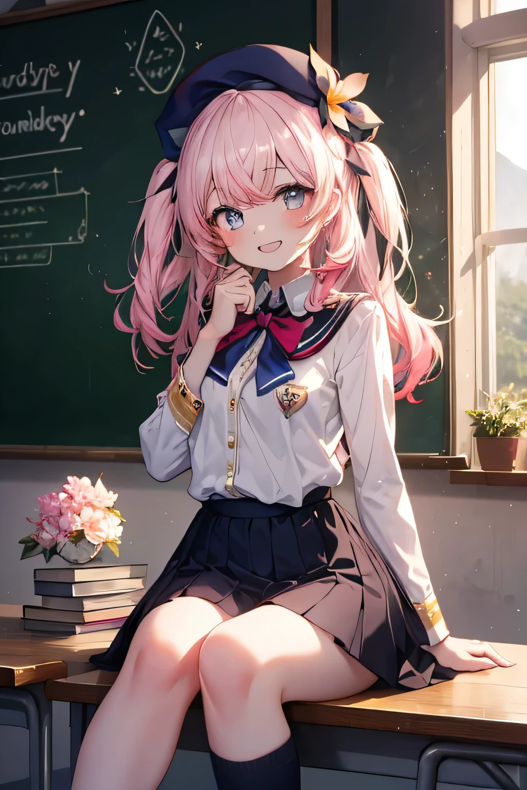 Girl smiling( showing teeth), fondo classroom, school fund(classroom), complete anatomy,  ornament of an accessory shaped like a flower on the head, graphic effects, first person, white beret,  summer school uniform , sitting, Reciting a poem , chalkboard( a beautiful big heart is drawn, rainbow, Candys , Moons and little stars ), letter(sent BY Elandir ),  pink flower