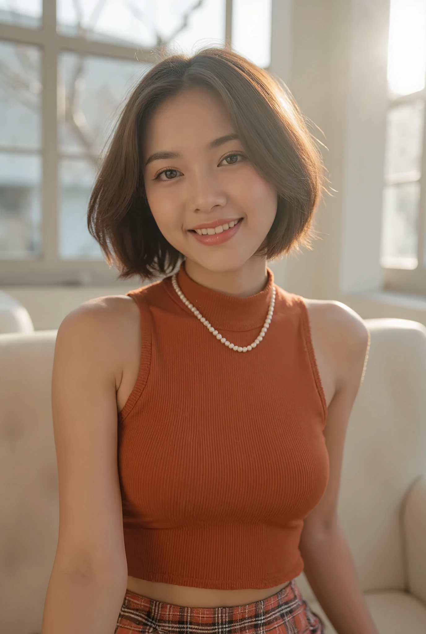 A young, slender Thai woman with short hair smiles as she poses indoors in a stylish vintage outfit. She is wearing a warm, ribbed, burnt-red sleeveless shirt with a high neck, paired with a plaid skirt. A pearl necklace adds a touch of elegance to her look. The cozy background of a white café and soft sunlight filtering through, along with a gentle sun flare, enhances the warm, dreamy, and inviting atmosphere.