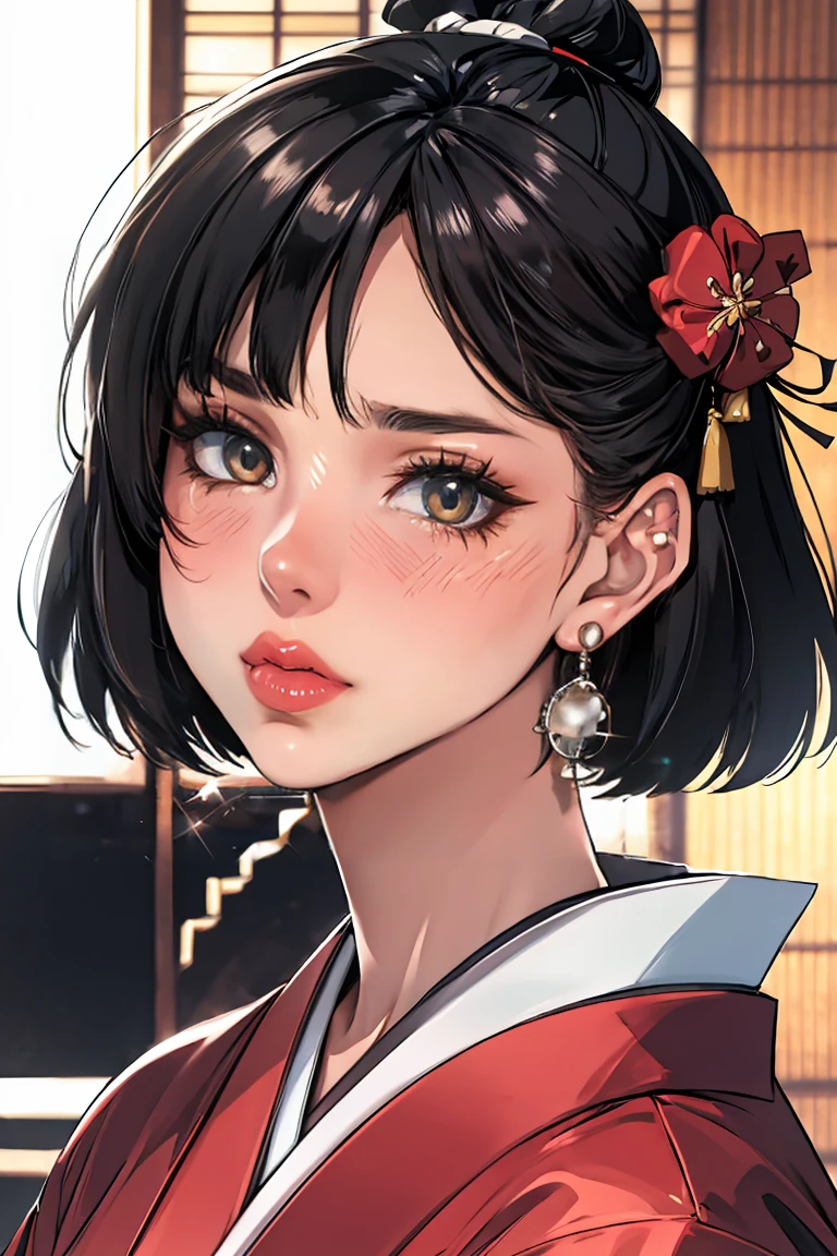 ( masterpiece ),( best quality:1.0), ( super high resolution :1.0), Detailed illustrations, 8K,  Japanese cartoons , 1 Girl, beautiful  Japanese cartoons  girl,  Wearing a red dress ,  corolla,  Beautiful face ,  detailed face ,  beautiful eyes ,  meticulous eyes ,  dark red eyes ,  Bright red lips , Red lipstick, Beautiful Japanese cartoon girl with beautiful and stylish hair , Highlights on hair, bangs  Japanese cartoons  style,  best quality,  vibrant 