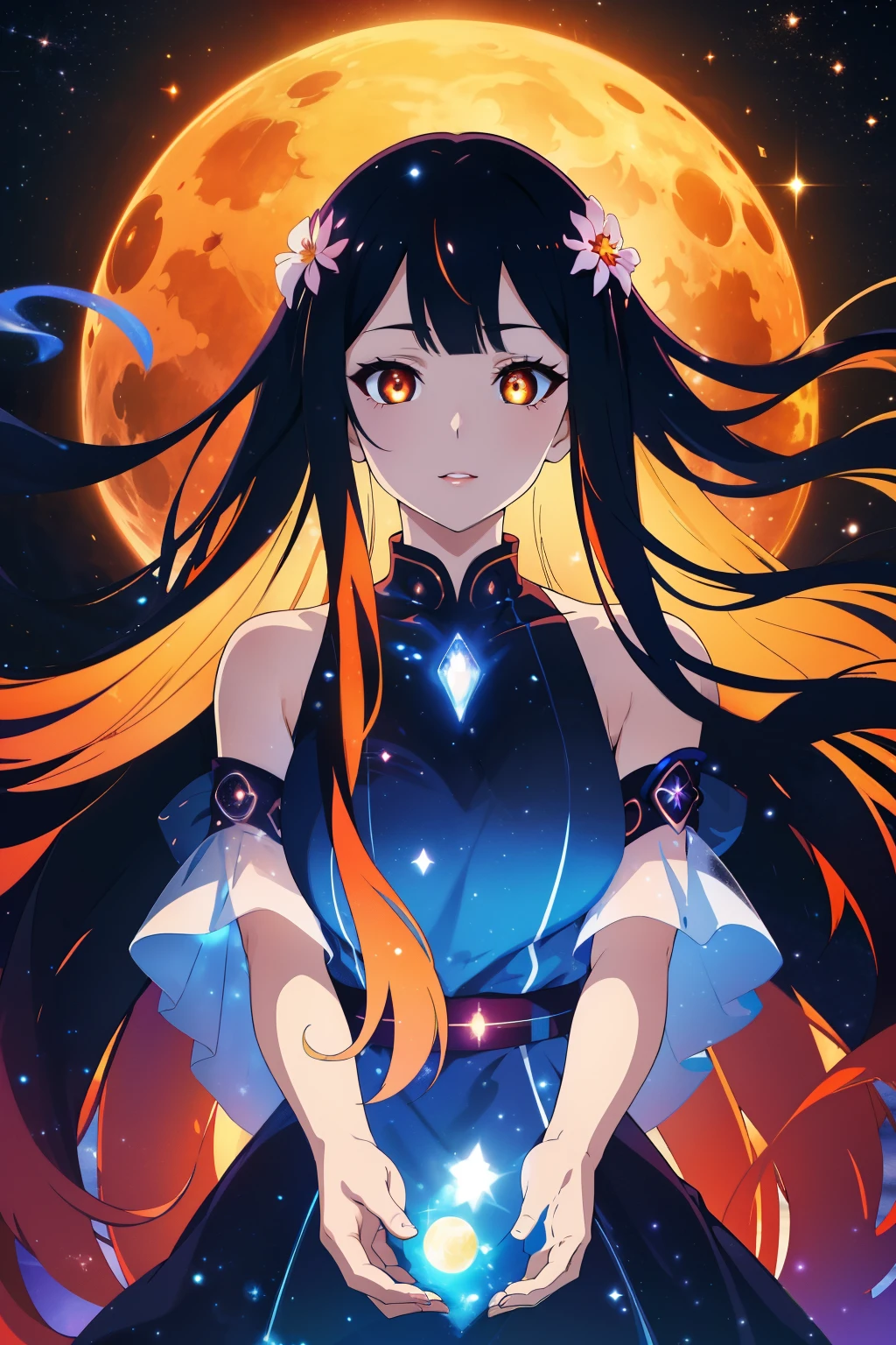 (high-quality, breathtaking),(expressive eyes, perfect face) portrait, 1girl, female, solo, adult woman, Symmetrical Eyes, mum, age late 30's, black abyssal celestial hair, space in hair, light orange eyes, long hair length, soft wavy flowy hair, gentle smile, loose hair, side bangs, looking at viewer, portrait, happy expression, hair like smoke, starry night in hair, white skin, soft red lips, elegant, regal, hair with scenary, half closed eyes, floating in the air, luminous hair, Bioluminescence clothing, gradient hair, cowboy shot, medium full shot, tunic, flowly dress, black hole vibe, eclipsed moon, colored sclera