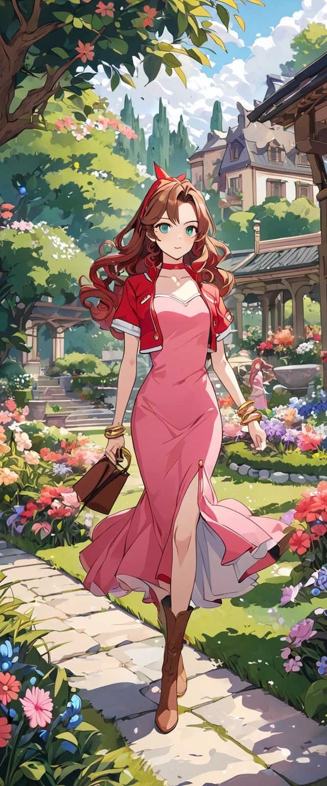 masterpiece, best quality, 8k, 4k, 1girl, aerith gainsborough, brown hair, high middle bang, longer side curly bang, long tight curly ponytail, green eyes, red hair ribbon, red bolero jacket, short sleeve jacket, cropped jacket, black tie choker, long pink straight dress, brown boots, bangles, walking in a garden, flowers, detailed background,, inspired by Asukaziye artist : ask, art style : ask