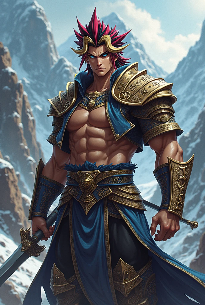 masterpiece, best quality, 1man, 22 year old, solo, (shirtless:1.3), warrior, holding armor, action dynamic, cowboy shot, bettle field