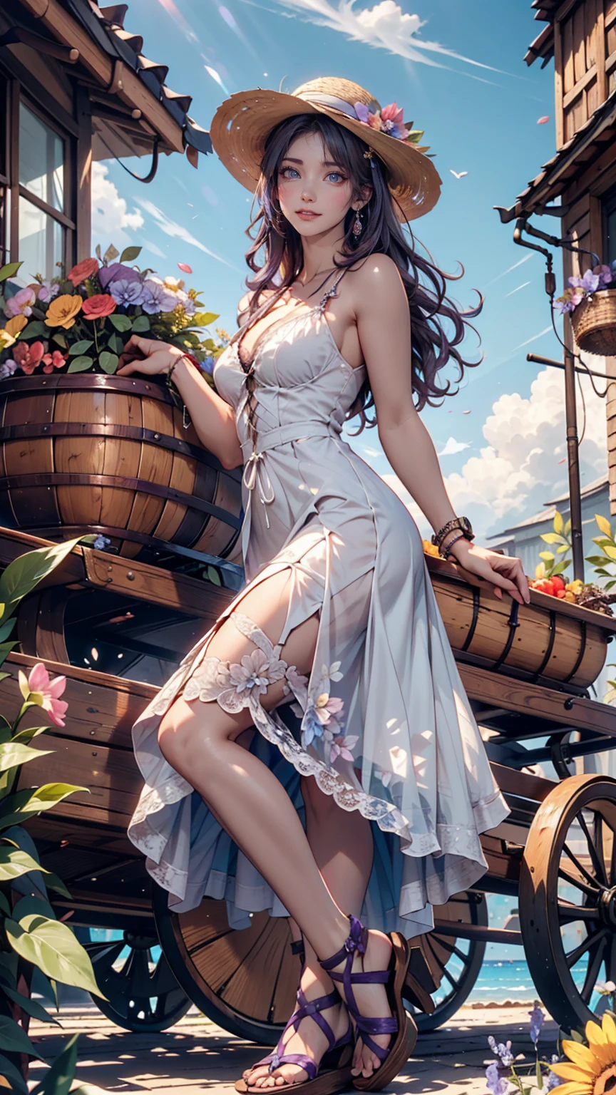 24-year-old woman、Indigo Hair、semi-long、Straw hat、Summer dress decorated with lace(Pale blue to white gradation))、Lace-up sandals、Tropical Cove、Emerald Green Sea、beautiful sea、White sand beach、It is surrounded by cliffs on three sides.、Nobody is here、Have the beach all to yourself、A basket bag woven from plants、The waves are calm