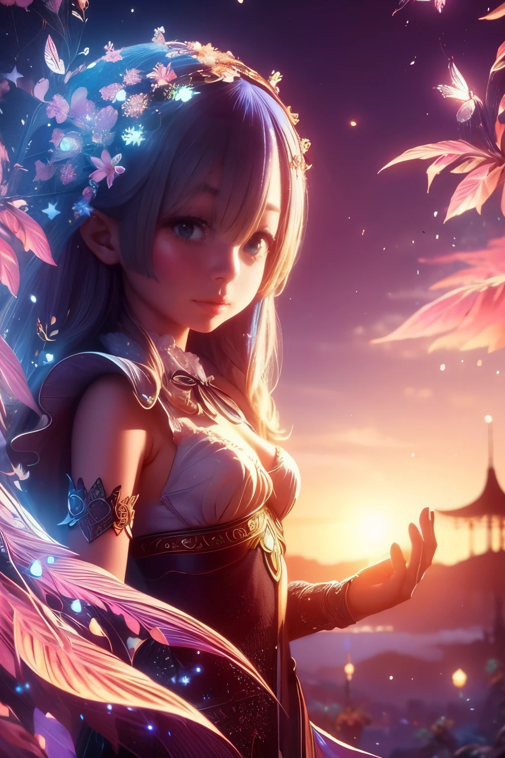 Photorealsitic、a beautiful detailed girl、Three-dimensional feeling、Very fine 8K CG wallpapers、、realisitic、1 girl、Small_breasts、Fantasy costume、doress、、Fantasy,magic circles、