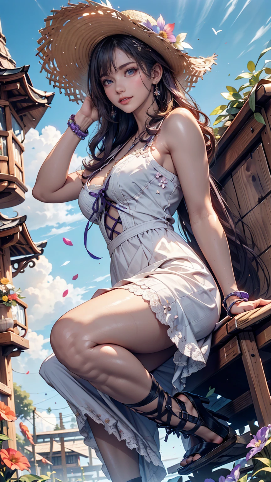 Best Quality,High resolution,8k,(plain white background, no patterns, no textures, just a plain white background:1.3),Masterpiece:1.2),beautiful girl,Shiny brown hair,messy hair,Beautiful brown eyes,A age girl in a vibrant, oversized graphic tee or tank top featuring a sophisticated, elegant design in bright colors. She is wearing high-waisted, slightly oversized long pants in a striking, cheerful color like cobalt blue or coral, with a smooth, flowing fabric. The outfit has a subtle, refined touch with delicate lace or satin details. Footwear includes sleek, colorful sandals or stylish, open-toe mules. Accessories include a delicate pendant necklace, elegant stud earrings, and a refined bracelet,Gentle look,A refreshing look,smile,Best quality,Best Quality,Aesthetic and aesthetic:1.2,Best details((Super detailed))(High-definition CG illustrations),Slender body,smile,blush,cute,Scrounge,Looking up,Being spoiled,super model