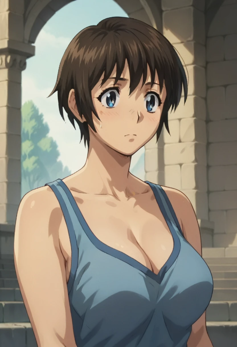  1 girl,Shimizu_Kaoru, short hair,Brown Hair, blue eyes, big breasts at the temple　masterpiece　Best Quality　8k 