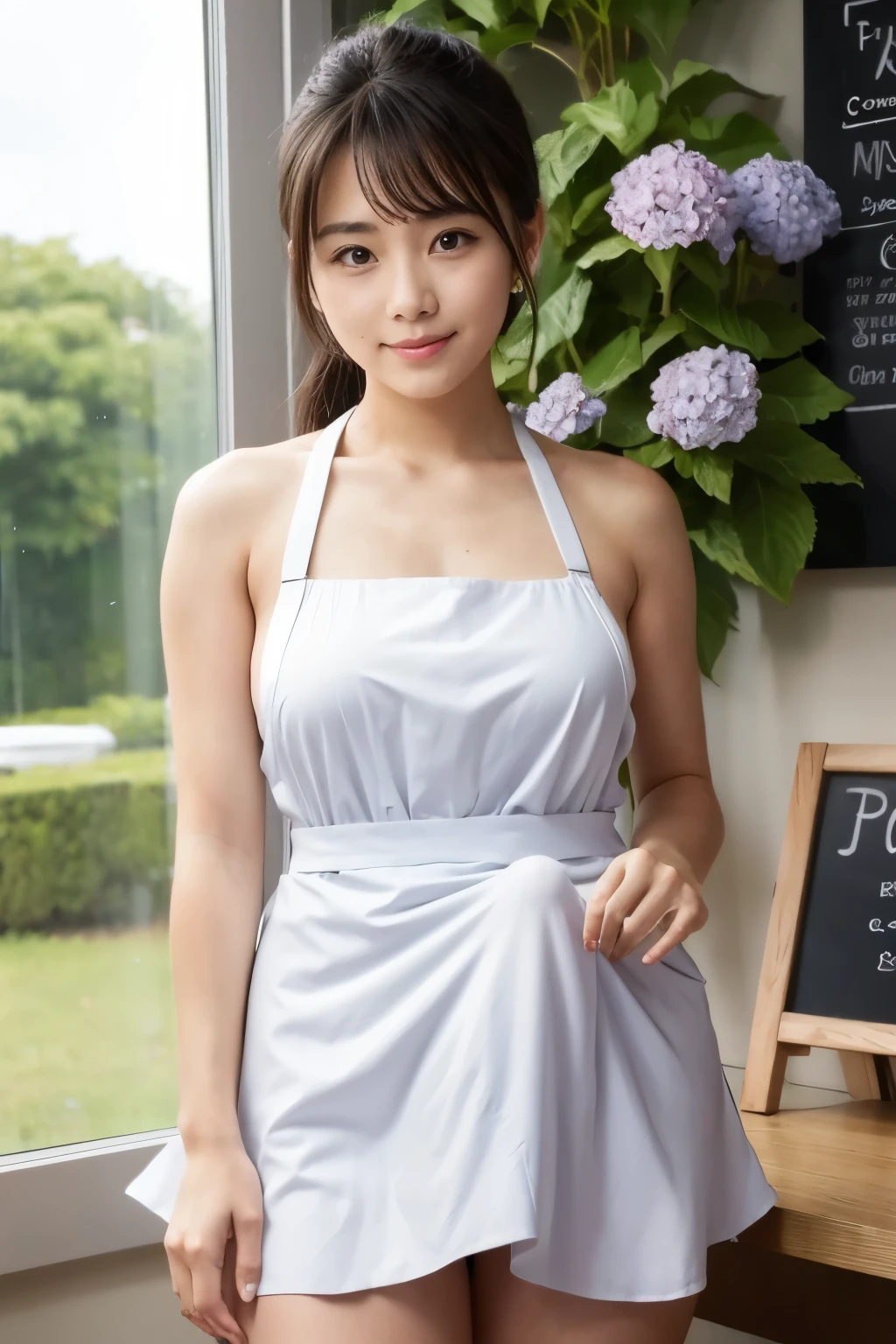  20-year-old girl wearing a miniskirt and apron works at a coffee shop where hydrangeas bloom（A ）, (Erection under clothes)