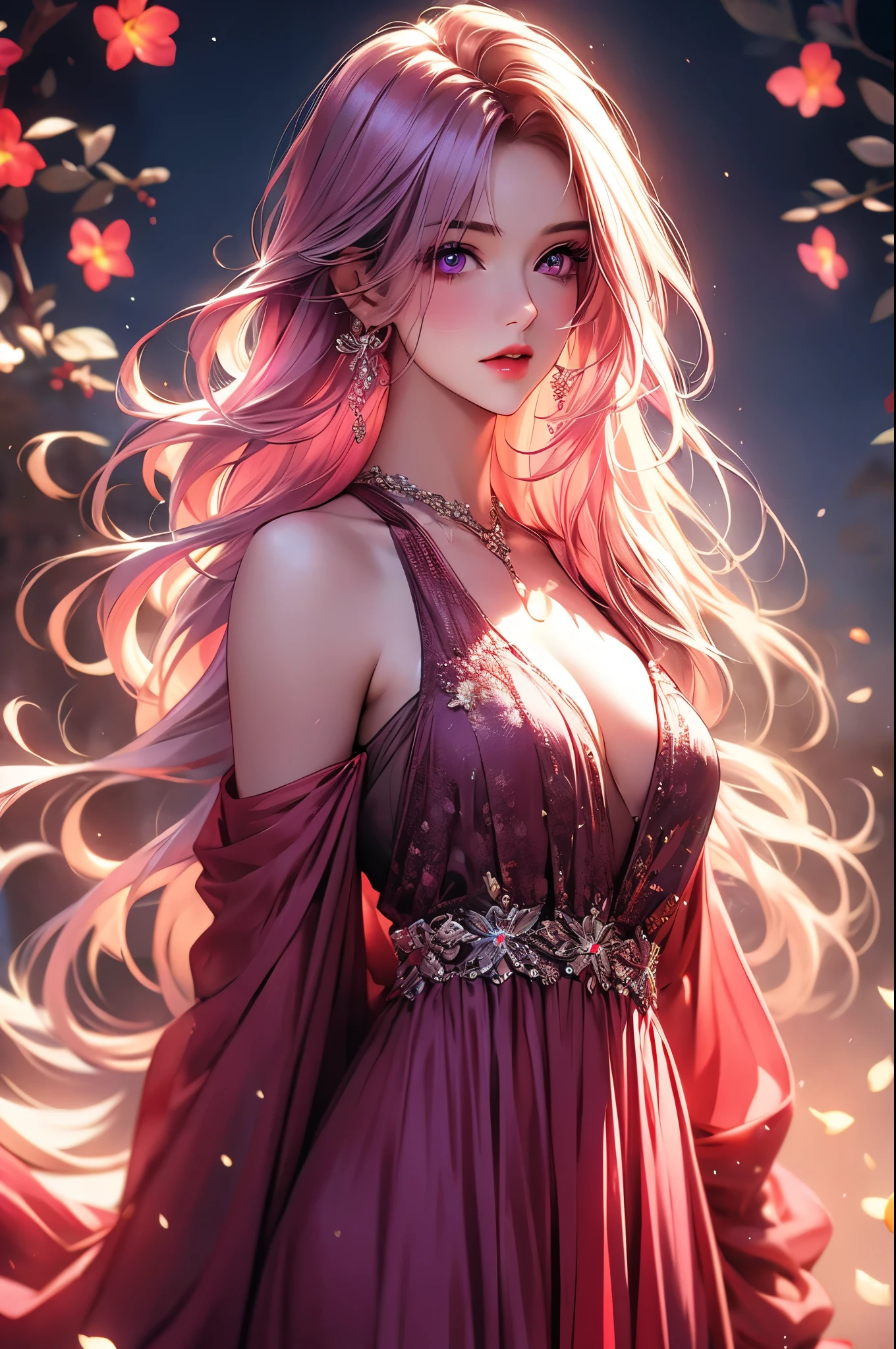 (masterpiece:1.4), (best quality:1.4), illustration, anime drawing style, 1gril, solo, ((Gold wavy hair)), flowers crown, very long hair, bright stunning eyes, collarbone, upper body, slim body, shiny skin, detailed face, natural make up, Pink lips, parted lips, upper teeth, cleavage, small breasts, (cute embroidered top, pleated skirt), red nails, necklace, earrings, looking at viewer, professional light, sunny, glowing, nature in background