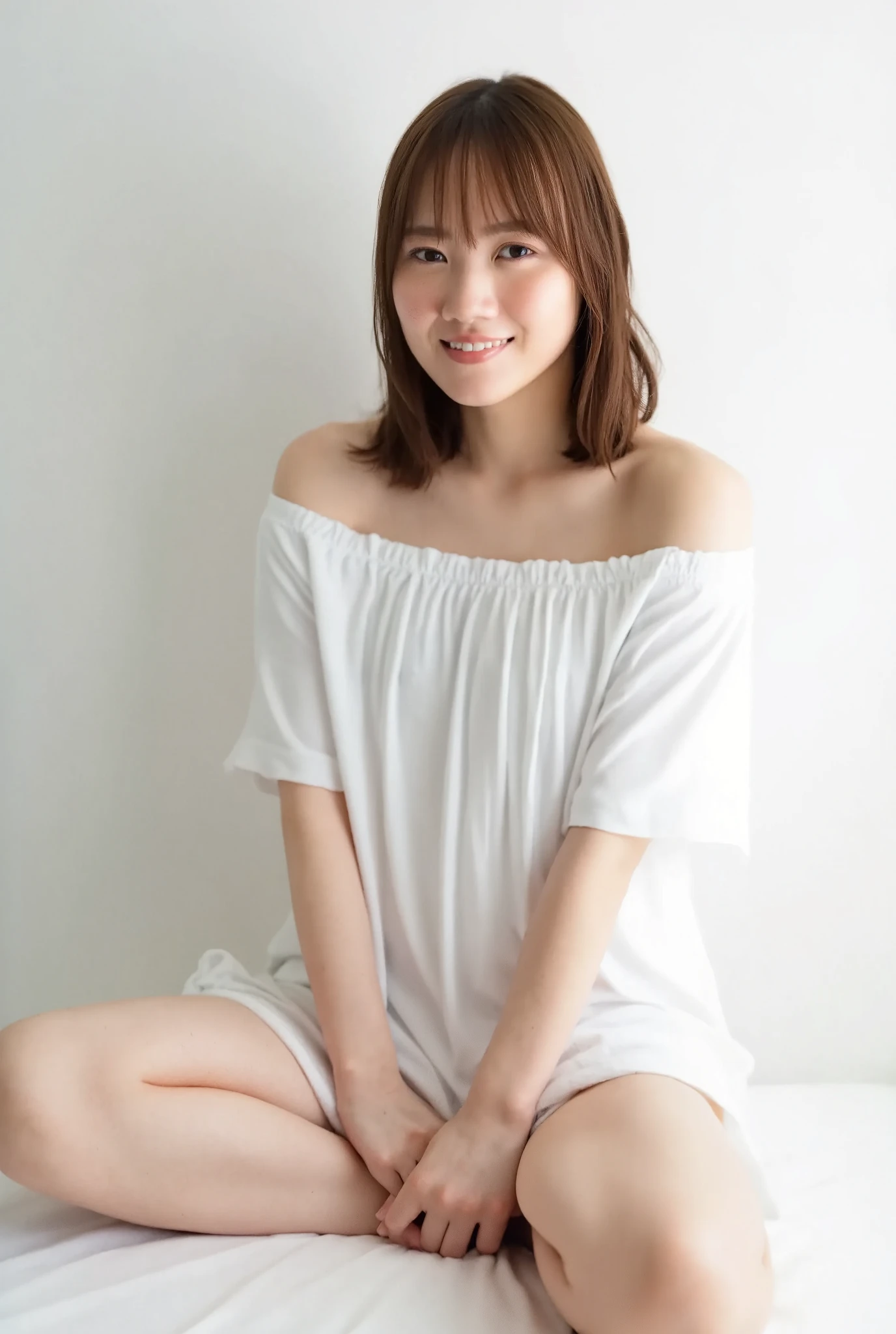 Full body shot from the front、Wear off-the-shoulder mini one-piece pajamas, bend your knees, spread your legs, take a cross-legged pose, and sit while looking at me, Slender bare legs 、smile、The background is a monotone 

