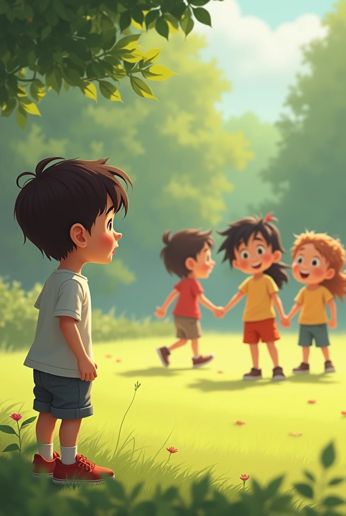 A boy looking sad as other children play in the yard