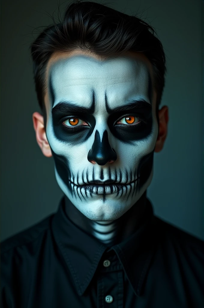 realistic portrait photo of a man dressed as a skeleton vampire hybrid, costume, cosplay, cinematic halloween LUT