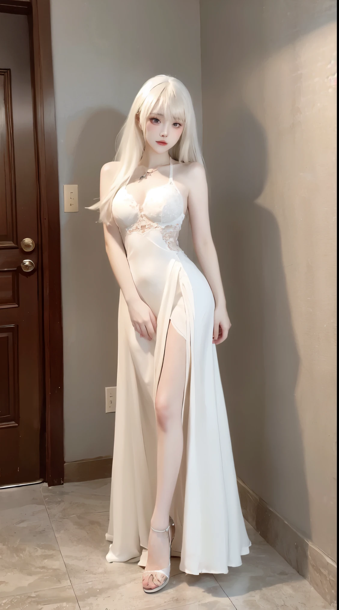 Saori Kido, purple hair, Long hair, white dress lifted up, white panties, plunging neckline, medium breasts, high white heels. Bedroom