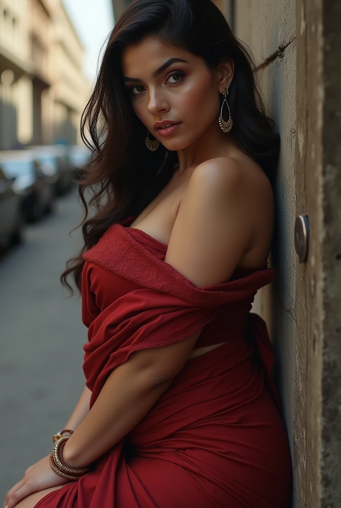 belle tunisienne, femme arabe, jolie visage, (((grande place de la Medina de Tunis en fond))), smirk, beau corps, robe traditionnelle arabe rouge
