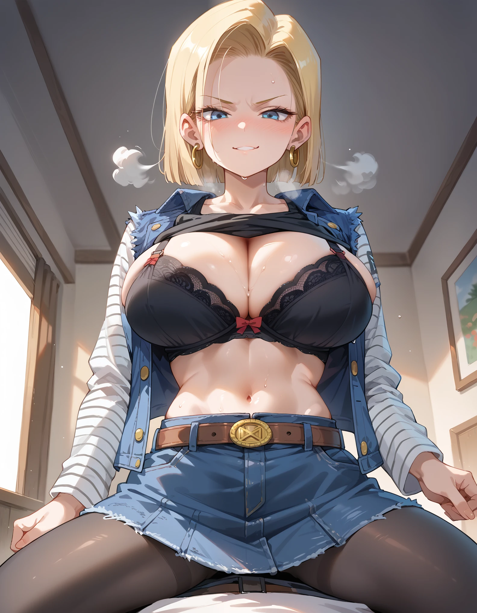 masterpiece, Android 18, blonde hair, blue eyes, eyelashes, hoop earrings, short hair, earrings
belt, black legwear, (black tank top), breast pocket, cleavage, collarbone, (denim, denim skirt), high-waist skirt, jewelry, long sleeves, pocket, shirt, shirt tucked in, skirt, striped, striped sleeves, waistcoat,( black pantyhose),cleavage, large breasts, (huge breasts:1.2),(athletic body),full bust,busty,(Beautifully shaped breasts:1.1) ,(round breasts),((slender)),(curving waist) ,(Skinny Body),((perfect body)),
sweat,wet,frustrated,ecstasy,breath,smirk,nose blush,(breast focus),random situation,(Straddles on top),(Pounding),(Showing off her cleavage),(Show off your chest by putting your finger around your collar),naughty face,(from below),(breast close-up),((shirt lift up)),(color bra:1.2),(athletic stomach),indoors,bedroom