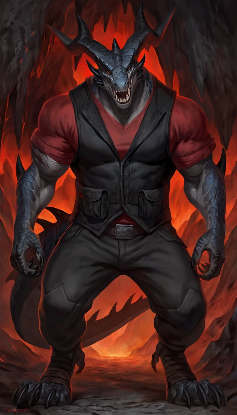 dragon like anthro lizard, hands behind back, anthro dragon, solo, portrait, scaly, detailed scales, experienced predator, dragonic, monster, mercenary, grin, open mouth, black scaly body, matte body, toned, muscular anthro, big muscles, big horns, wearing vest and pants, wearing red shirt, detailed scales, scars on body, 1male solo, anthro, muscular, thick neck, thick tail, marked jaw, Helltaker style, underground cave city background, darkness, horror, best quality, 4k, ultra-detailed, by laobai, by taran fiddler, by honovy