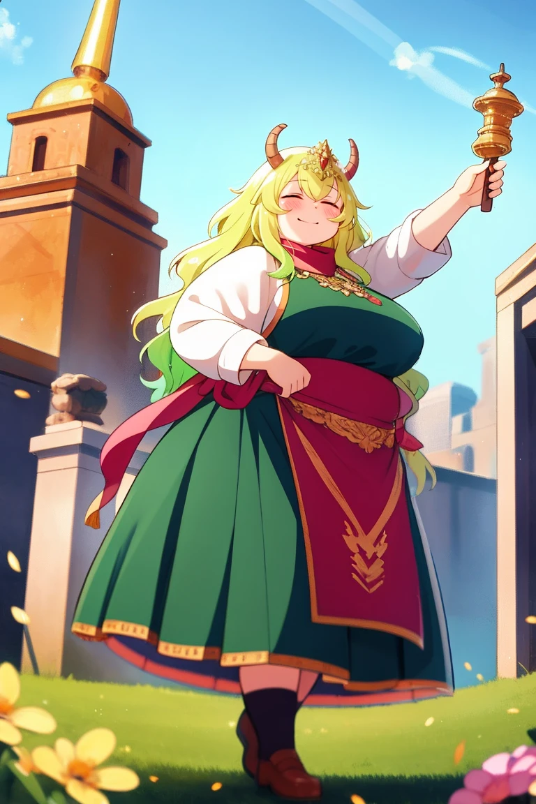 masterpiece, perfect lighting, (beautiful, Best Quality:1.3), Perfect Eyes, Absurd, 8k,  1 girl, Very obese, Alone, (Absurd), Detailed , smile, Lucoa_quetzalCoatl, Multicolored Hair,  eyes closed , Complex,( Full Body Shot :0.5), ( dynamic angle :1.2), ( Dynamic Poses:1.2), Dragon Horn,  dragon girl ,  big breasts at the temple, Multicolored Hair,  blond hair,  dress, (short  dress:1.3),  gold necklace, opens eyes , long  dress, skirt,  is standing, Coat, scarf, 1 girl,Lucoa,Priestess, Religious, is standing,  big breasts at the temple, long skirt