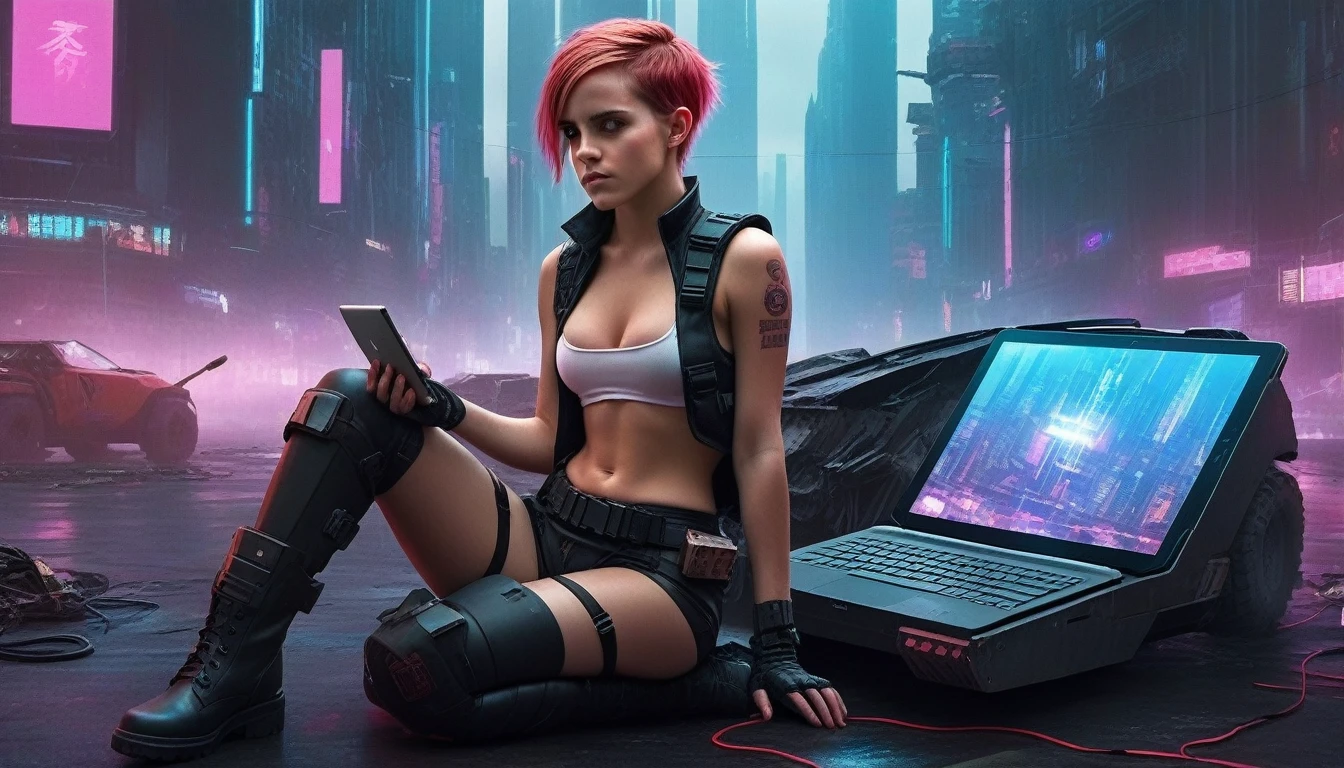  A young hacker sits on the hood of a wrecked APC in a cyberpunk metropolis watching the spectator,  PINK COPPER HAIR ,  right arm resting on his waist ,  Left arm extended forward holding a transparent smart tablet ,  cropped short haircut , immaculate skin,  scared look on his face , Tears on his face ,  full lips ,  small breasts,  strong legs ,  Full back and cyberpunk underwear girdled in red with an intricate hexagonal pattern ,  SWAT combat vest with attached laptop ,  Multipurpose black leather belt with multimeter and some attached probes ,  Thigh-length black latex boots ,  white gloves cut , without makeup, natural nails, Emma Watson,  in an apocalyptic style :