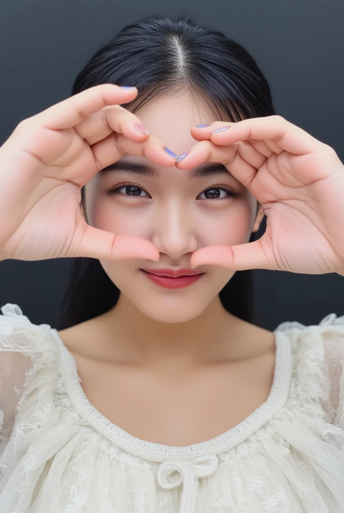 Only one woman with a cute smile wears cute, fluffy off-shoulder pajamas, makes a big heart shape with both hands, and poses them in front of her chest, View above collarbone、The background is a monotone 

